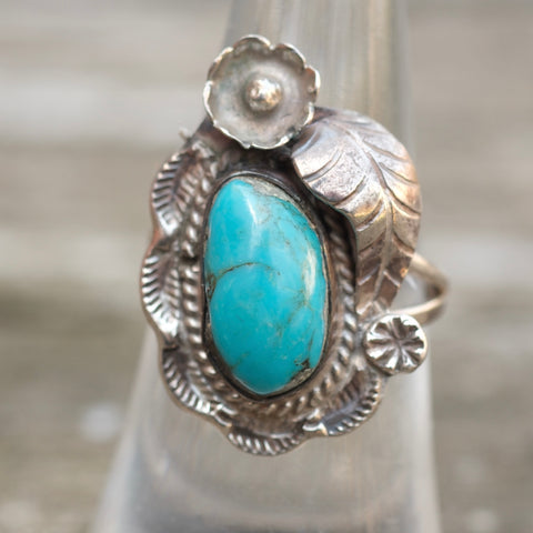 Vintage Sterling Turquoise Feather Ring 6.75