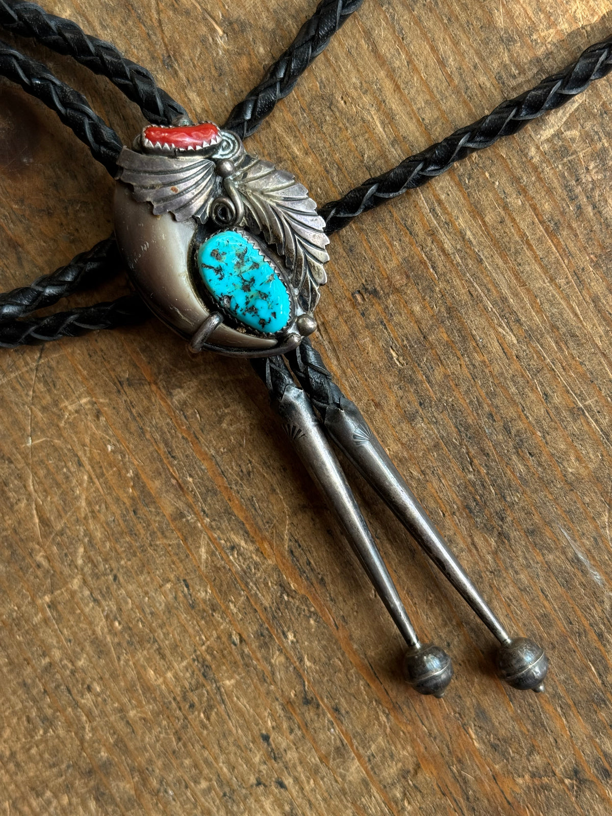 Vintage Sterling Silver Turquoise & Coral Bear Claw Bolo