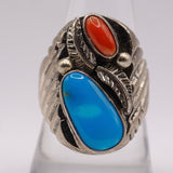Vintage Sterling Turquoise and Coral Feather Ring 9.75
