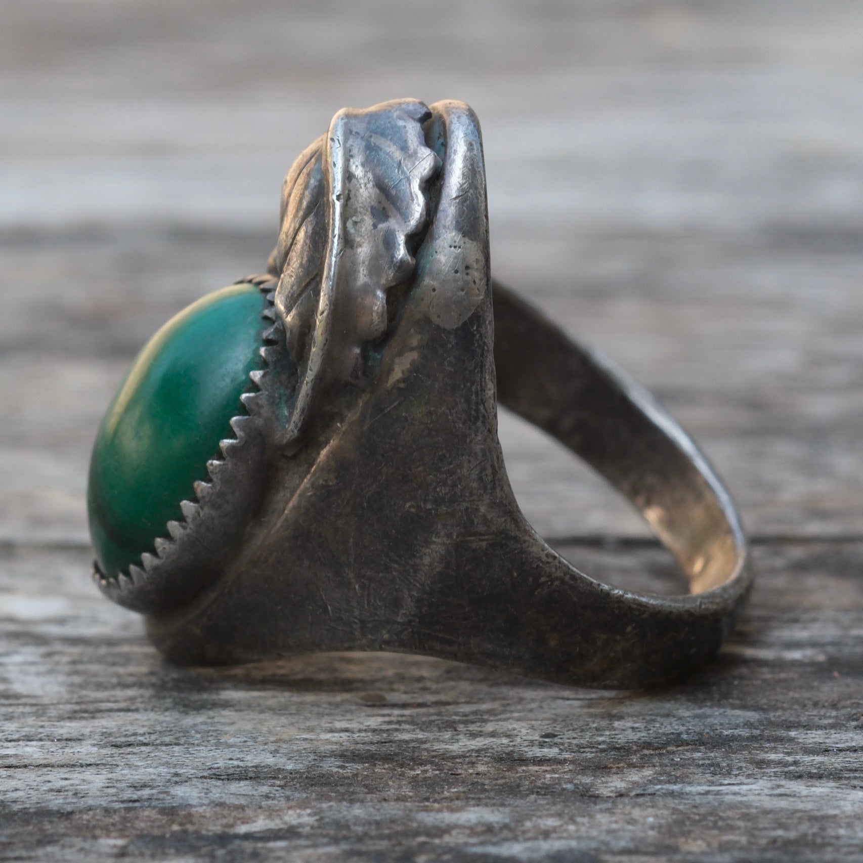 Vintage Sterling Malachite Feather Ring 7.5