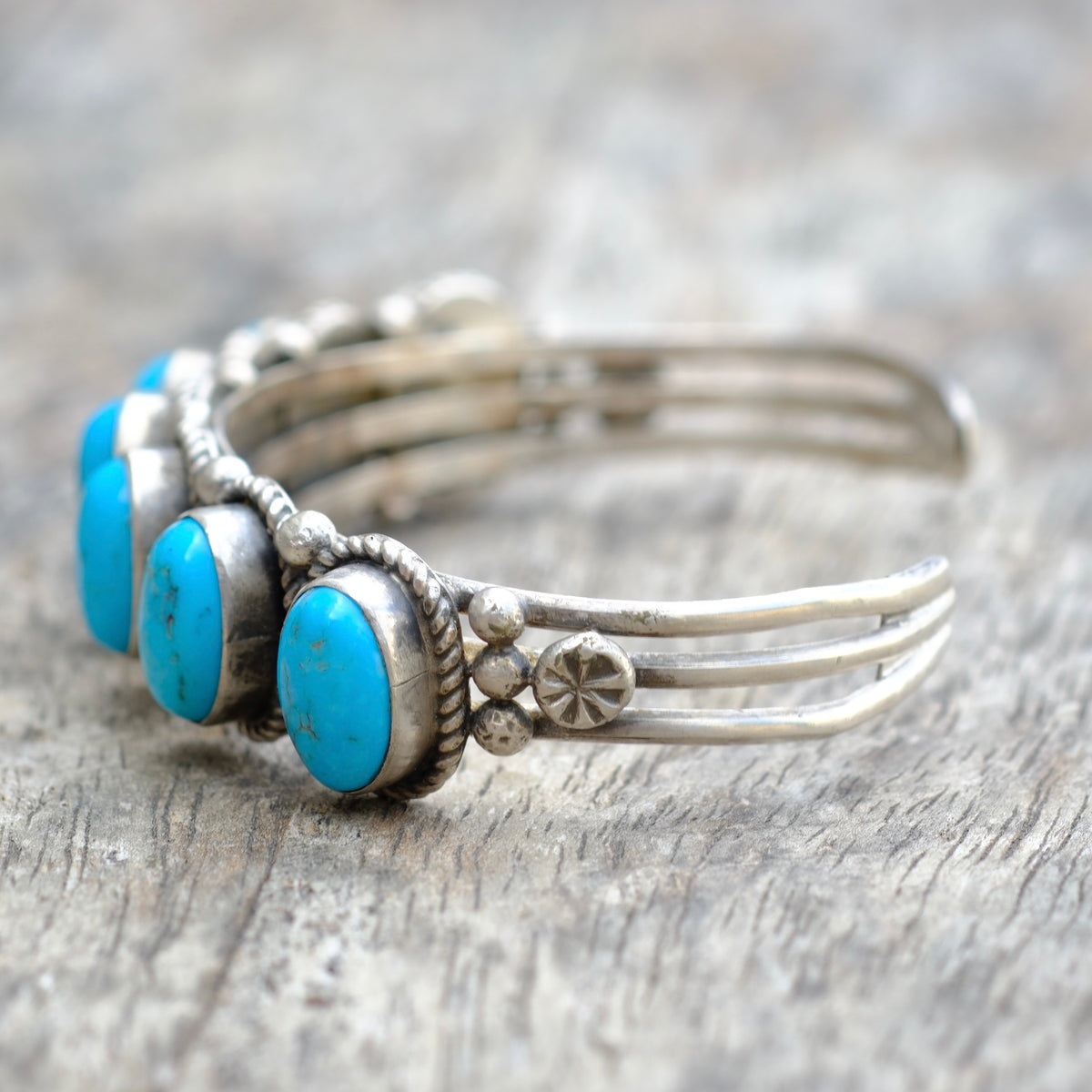 Vintage Sterling 7-Stone Turquoise Cuff Bracelet Running Bear