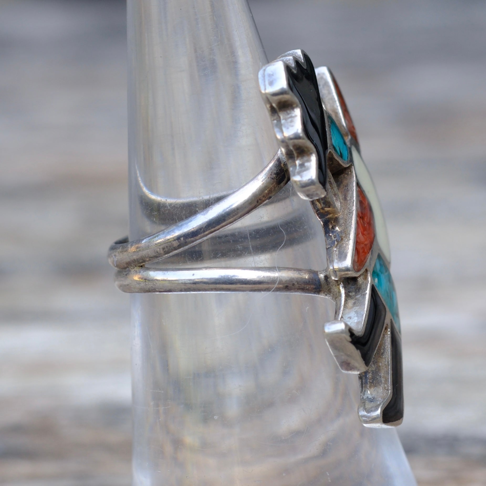 Vintage Sterling Multi Stone Inlay Dancer Ring 5.5