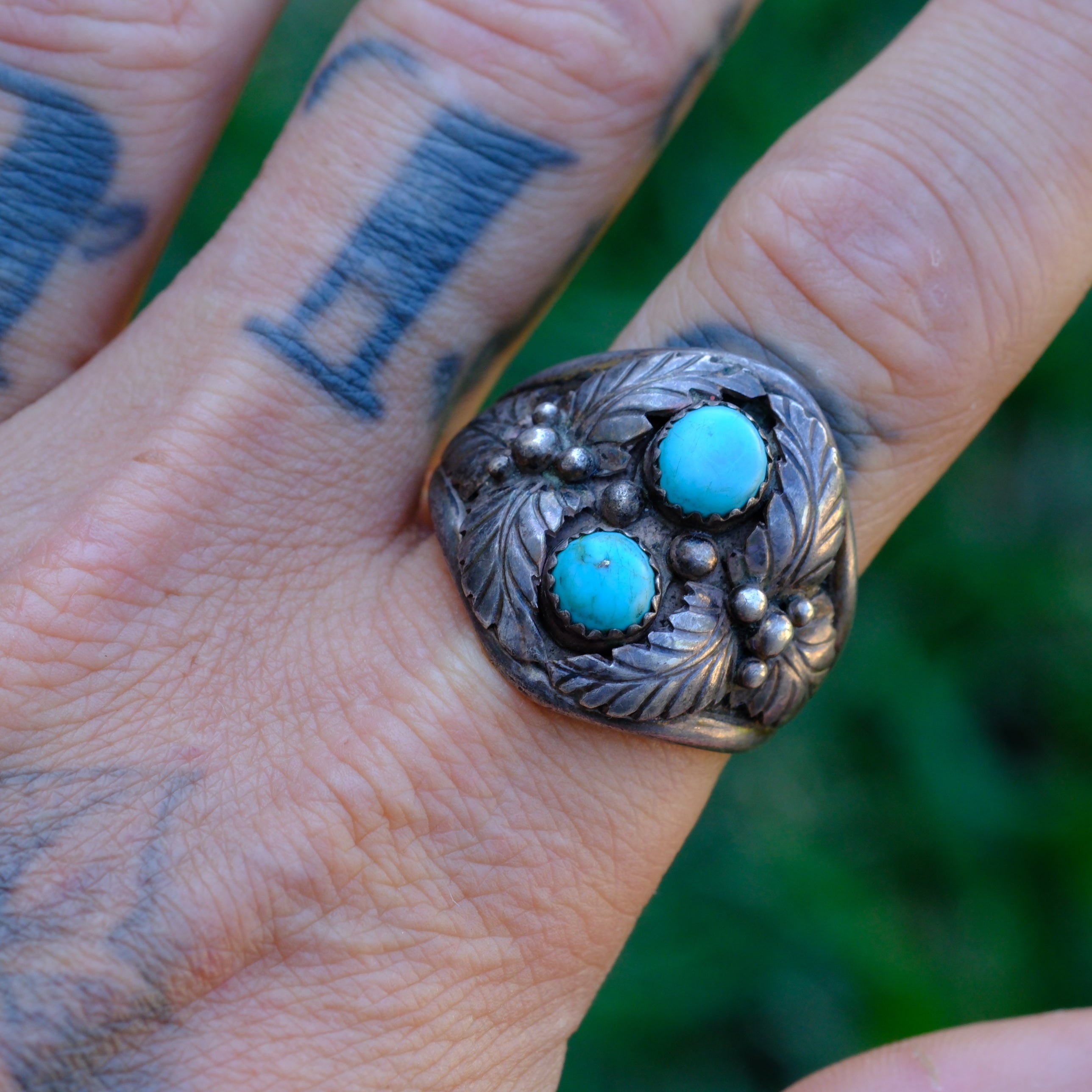 Vintage Sterling 2-Stone Turquoise Feather Ring 13.5