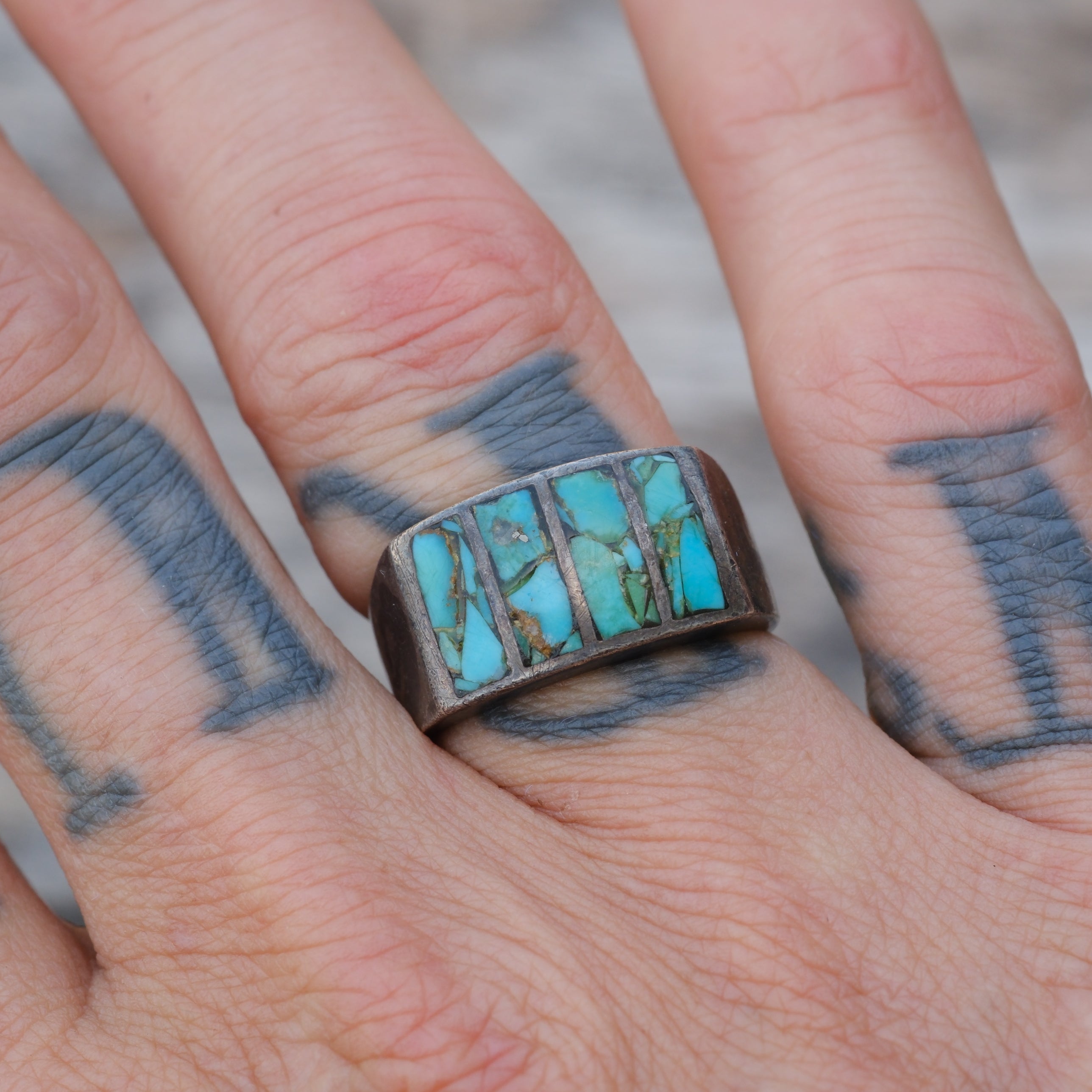 Vintage Sterling Turquoise Inlay Ring 8.25