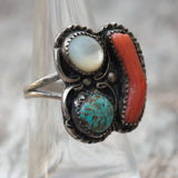 Vintage Sterling Turquoise Coral and MOP Ring 7