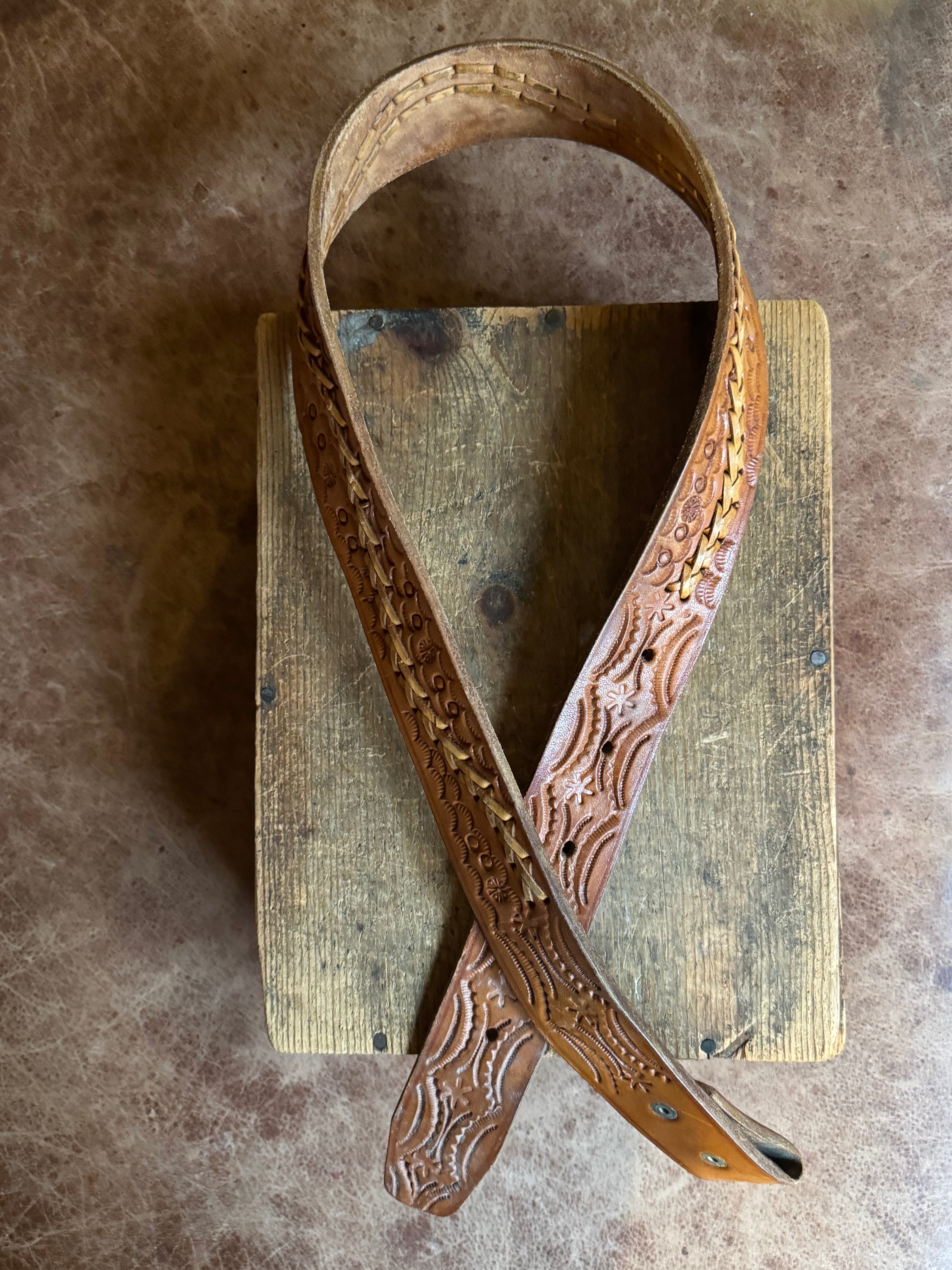 Vintage Brown Stamped Laced Leather Belt