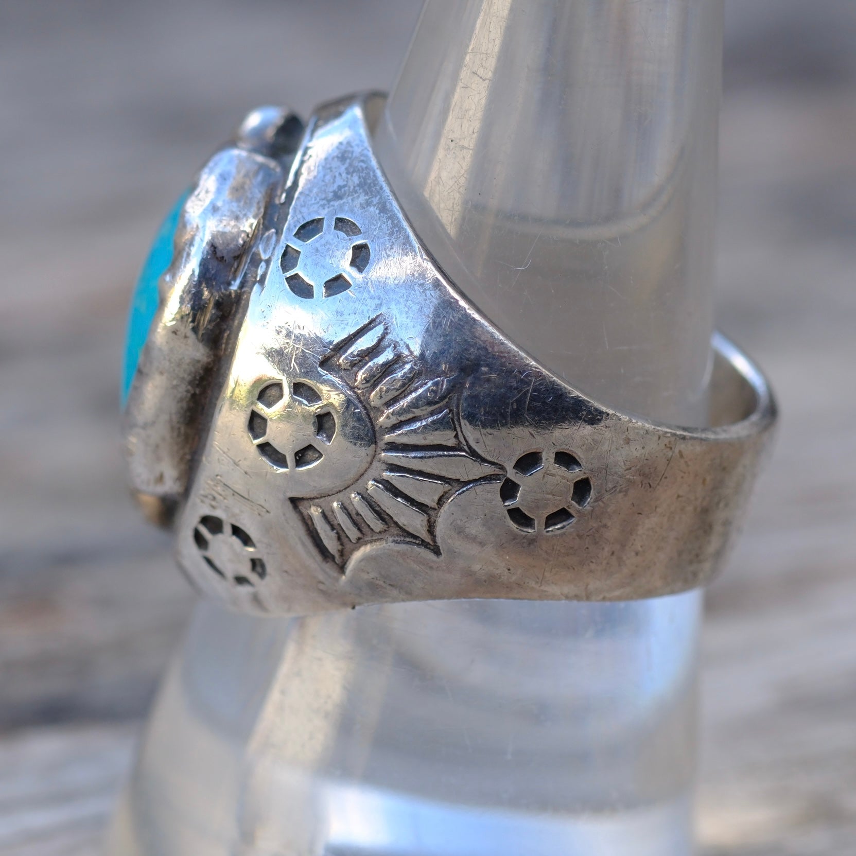 Vintage Sterling Turquoise and Coral Stamped Band Ring 9.25
