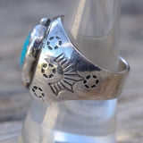 Vintage Sterling Turquoise and Coral Stamped Band Ring 9.25