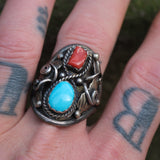 Vintage Sterling Turquoise and Coral Feather Ring 11.5