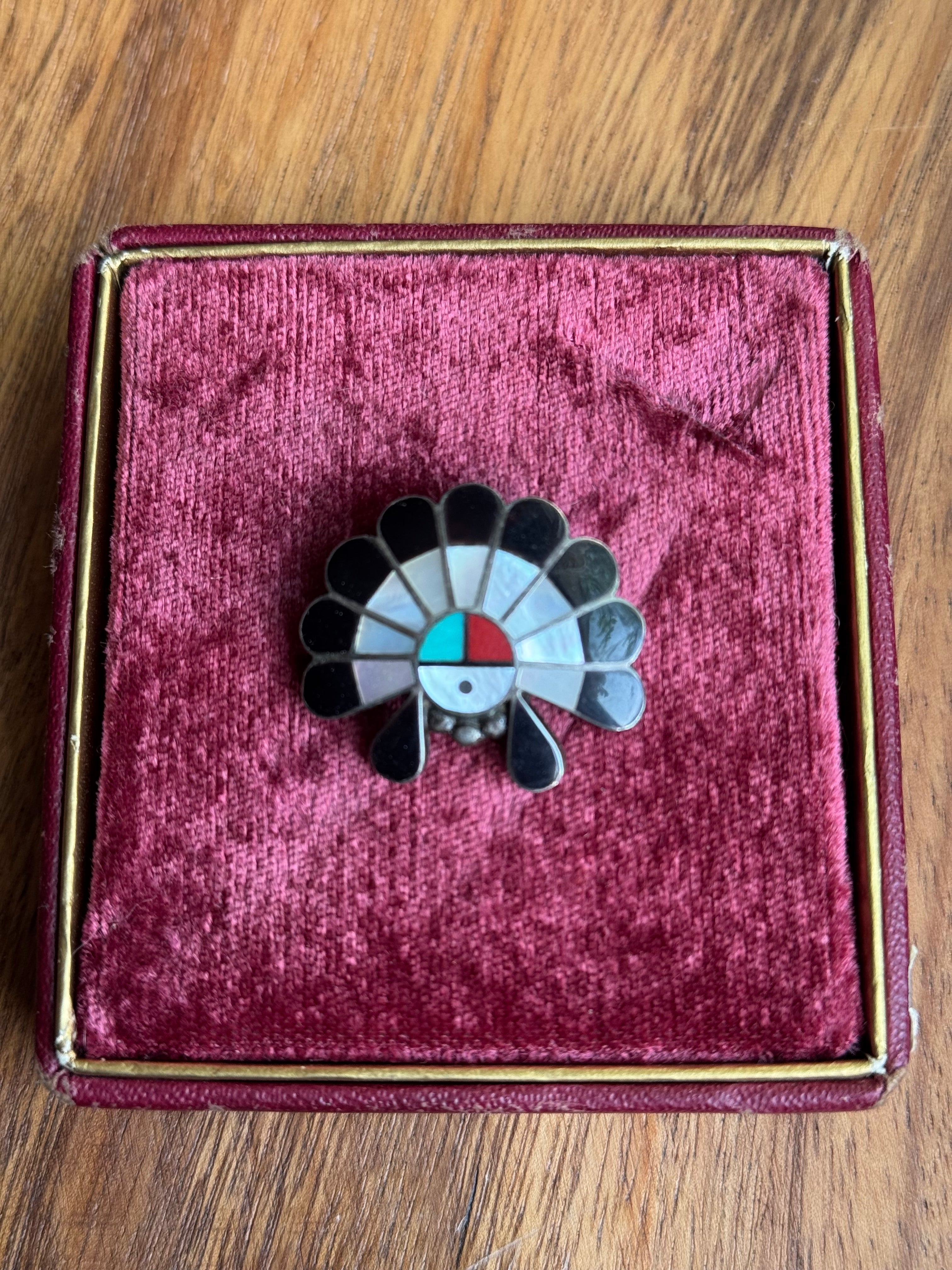 Vintage Sterling Silver Multistone Inlay Warbonnet Pin/Pendant