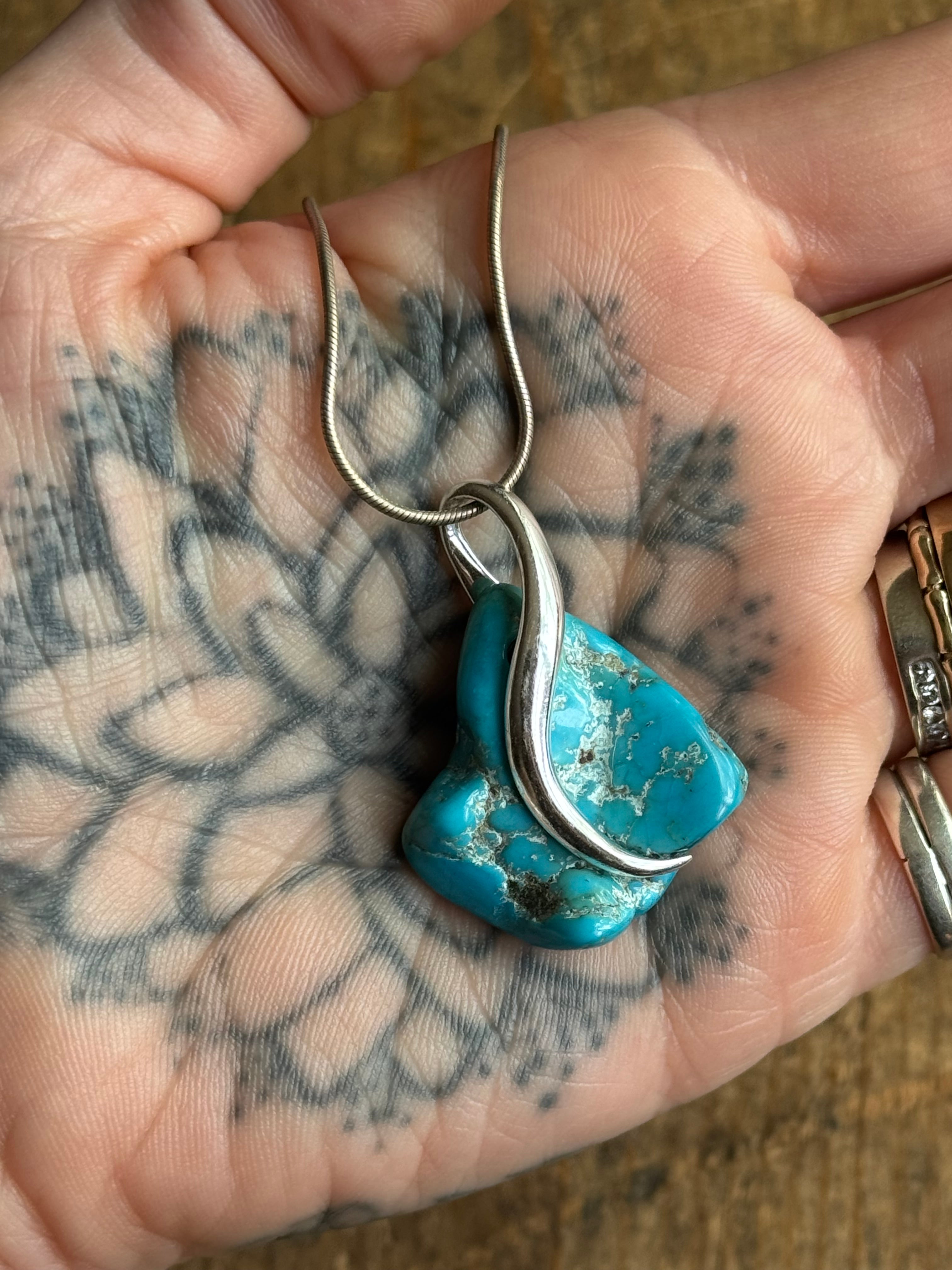 Vintage Sterling Silver Raw Turquoise Modernist Necklace