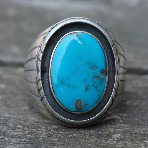 Vintage Sterling Turquoise Ribbed Band Ring 8.75