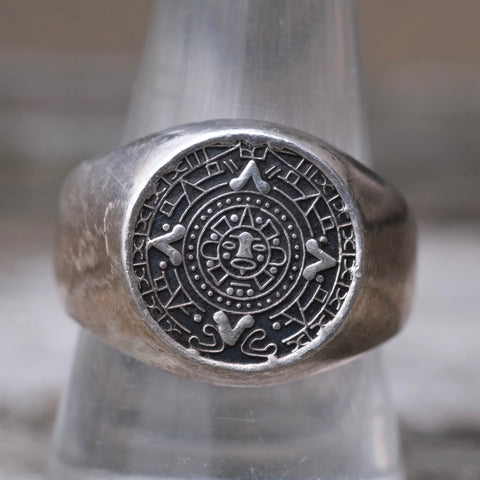 Vintage Sterling Aztec Calendar Signet Ring 9.5