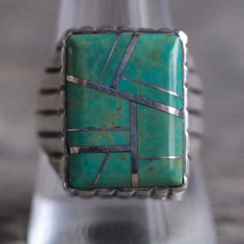 Vintage Sterling Turquoise Inlay Ribbed Band Ring 11