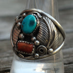 Vintage Sterling Turquoise and Coral Feather Ring 10.5