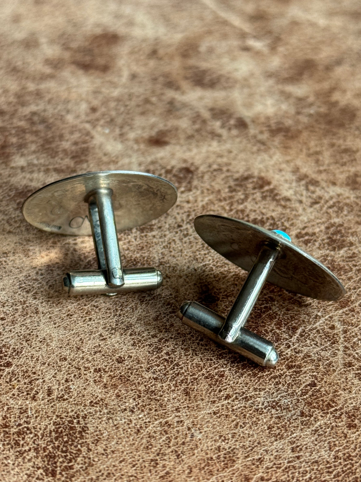 Vintage Sterling Silver Stamped Turquoise Concho Cufflinks