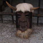 Vintage Hand Carved Folk Mask With Fur and Horn