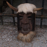 Vintage Hand Carved Folk Mask With Fur and Horn