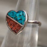 Vintage Sterling Turquoise and Coral Heart Ring 7