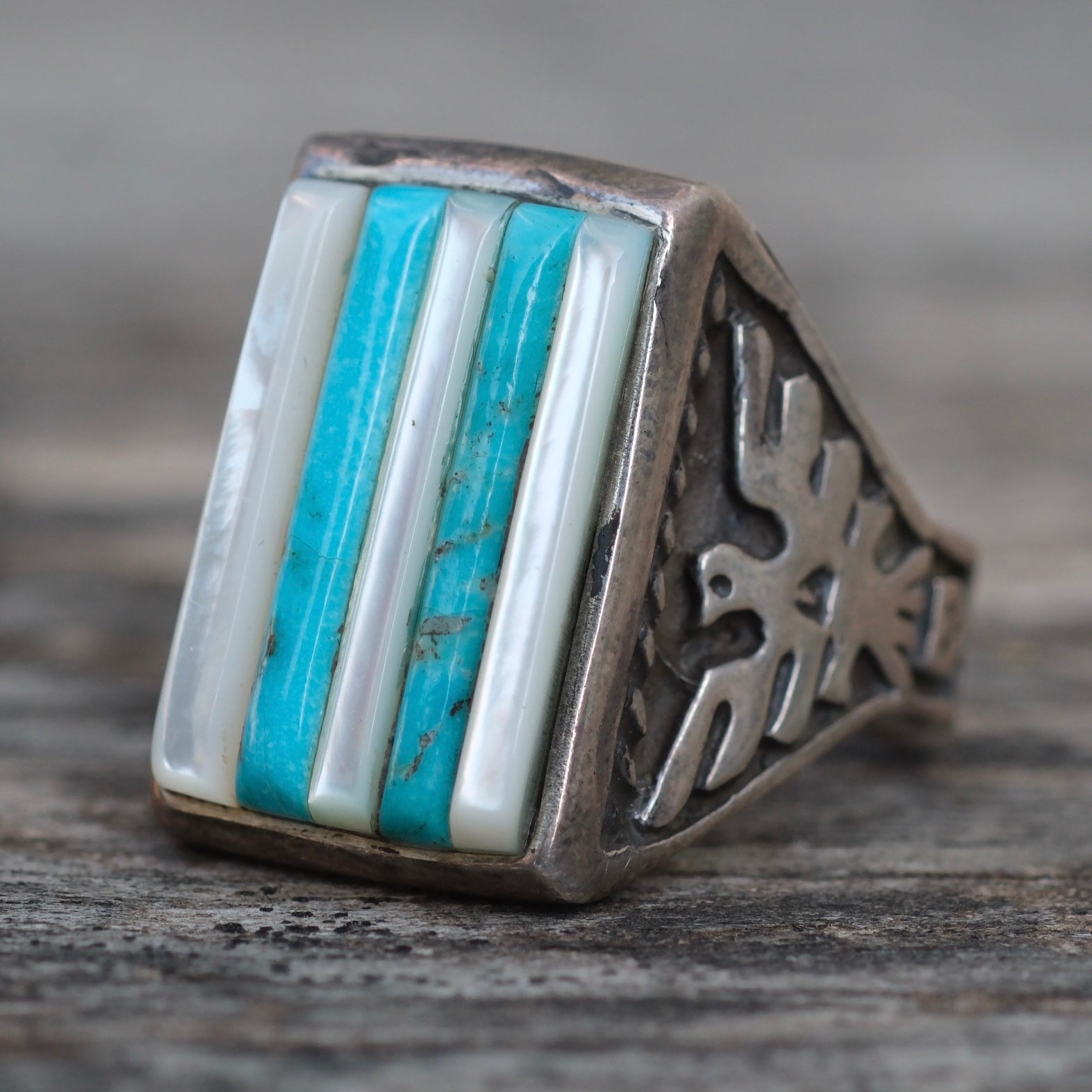 Vintage Sterling Turquoise and Mother Of Pearl Row Inlay Thunderbird Ring 10.25