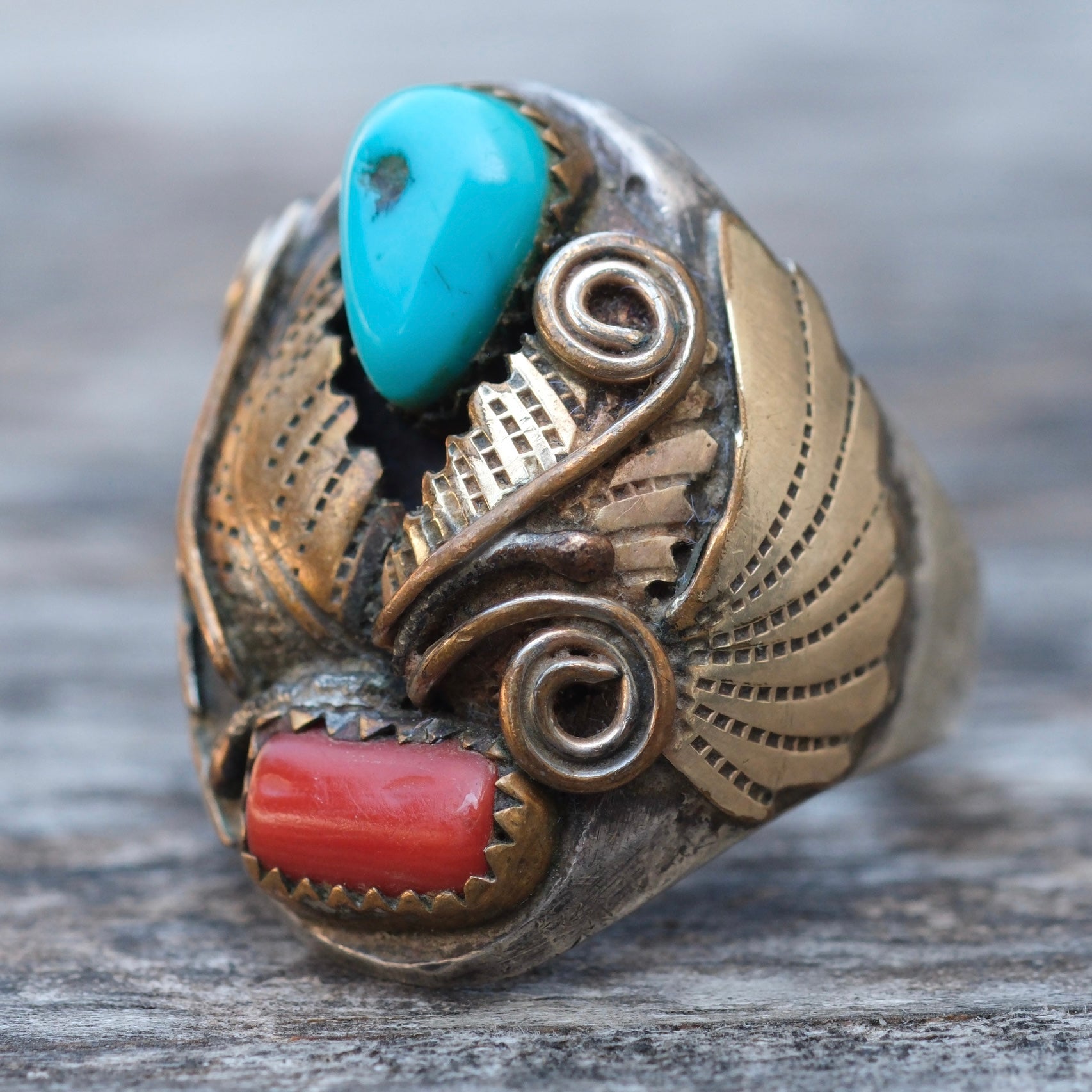 Vintage Sterling And Copper Turquoise Coral Feather Ring 10.5