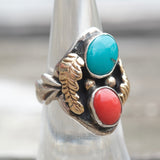 Vintage Sterling Turquoise and Coral Ring 6.25