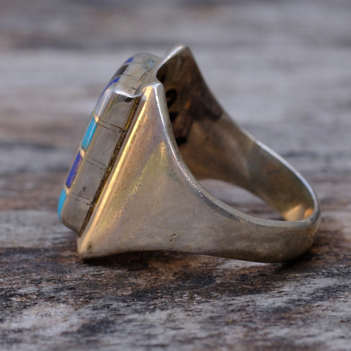 Vintage Sterling Multi Stone Inlay Panel Ring 8.75