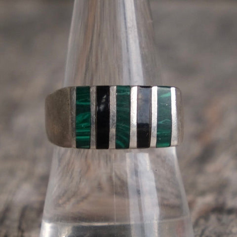 Vintage Sterling Onyx and Malachite Striper Ring 8.75