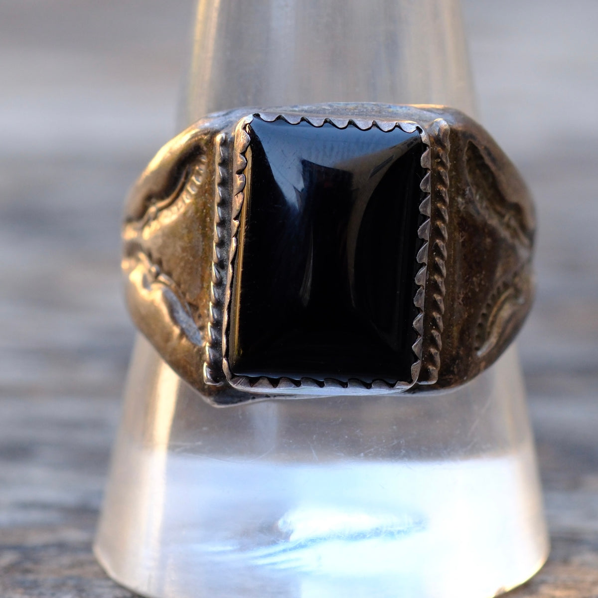 Vintage Sterling Onyx Stamped Band Ring 10.75