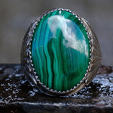 Vintage Sterling Malachite Ribbed Band Ring 11