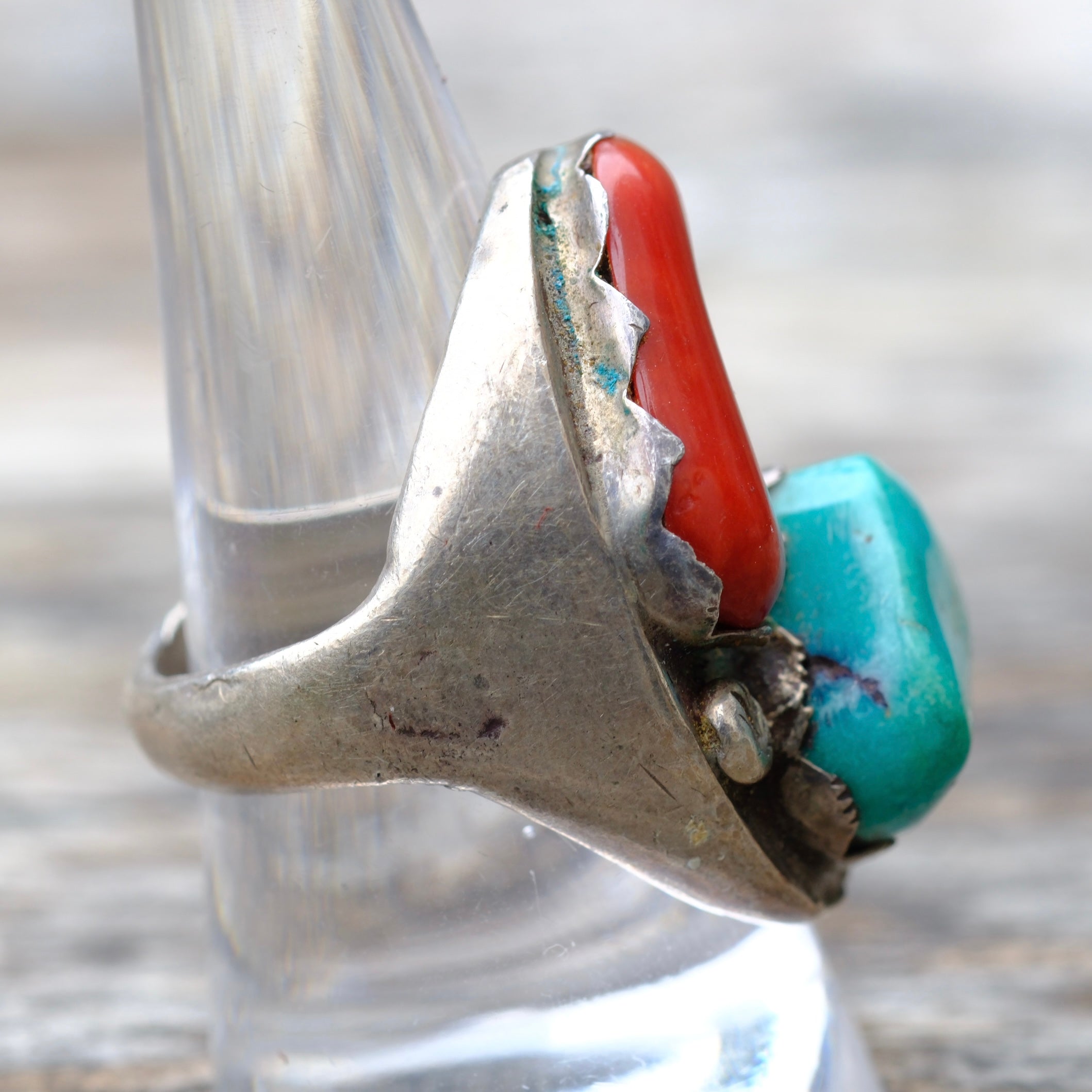 Vintage Sterling Turquoise and Coral Ring 9.5