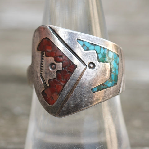 Vintage Sterling Turquoise and Coral Ring 8.75