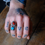 Vintage Sterling Turquoise and Coral Feather Overpass Ring 5.75