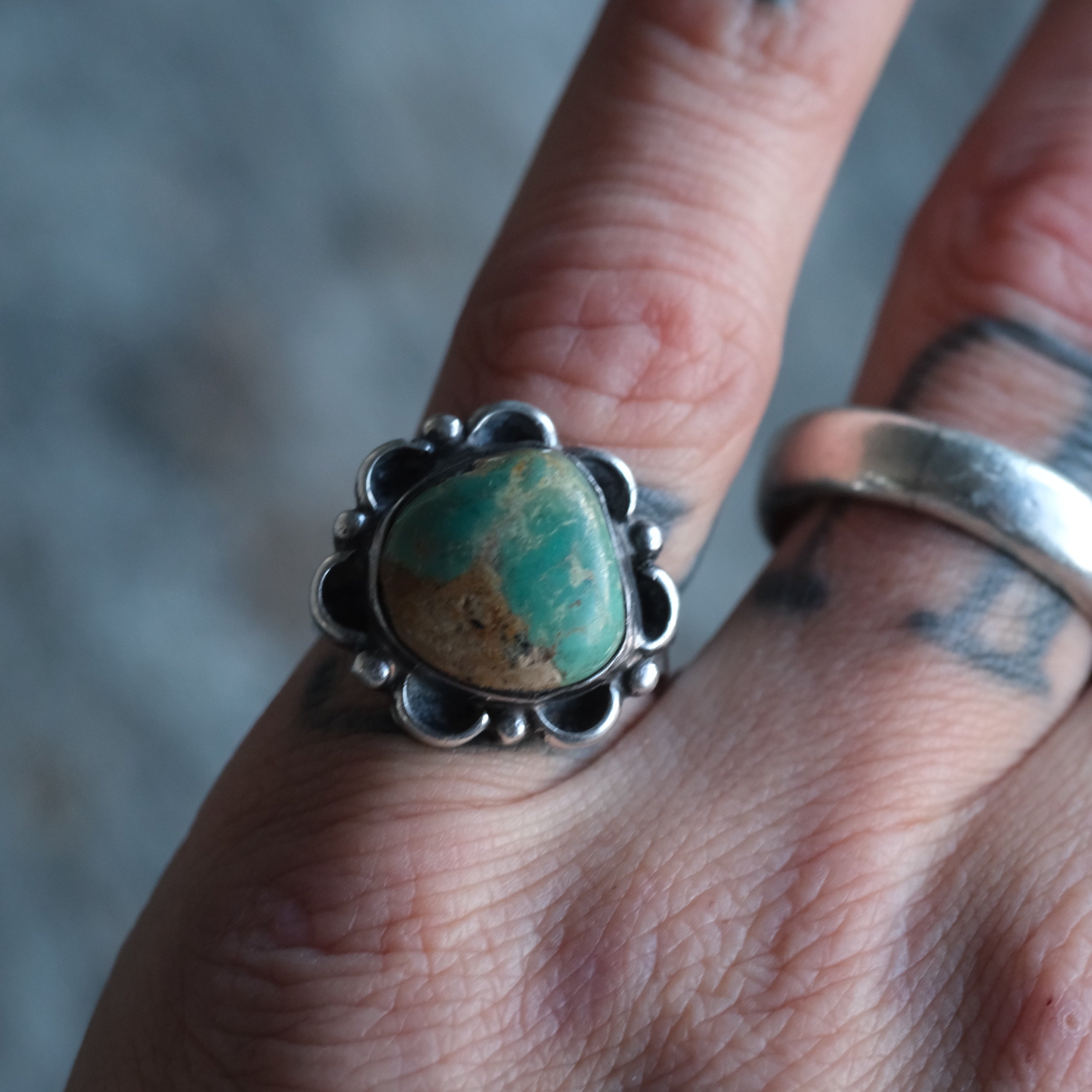 Vintage Sterling Turquoise Floret Ring 6.5
