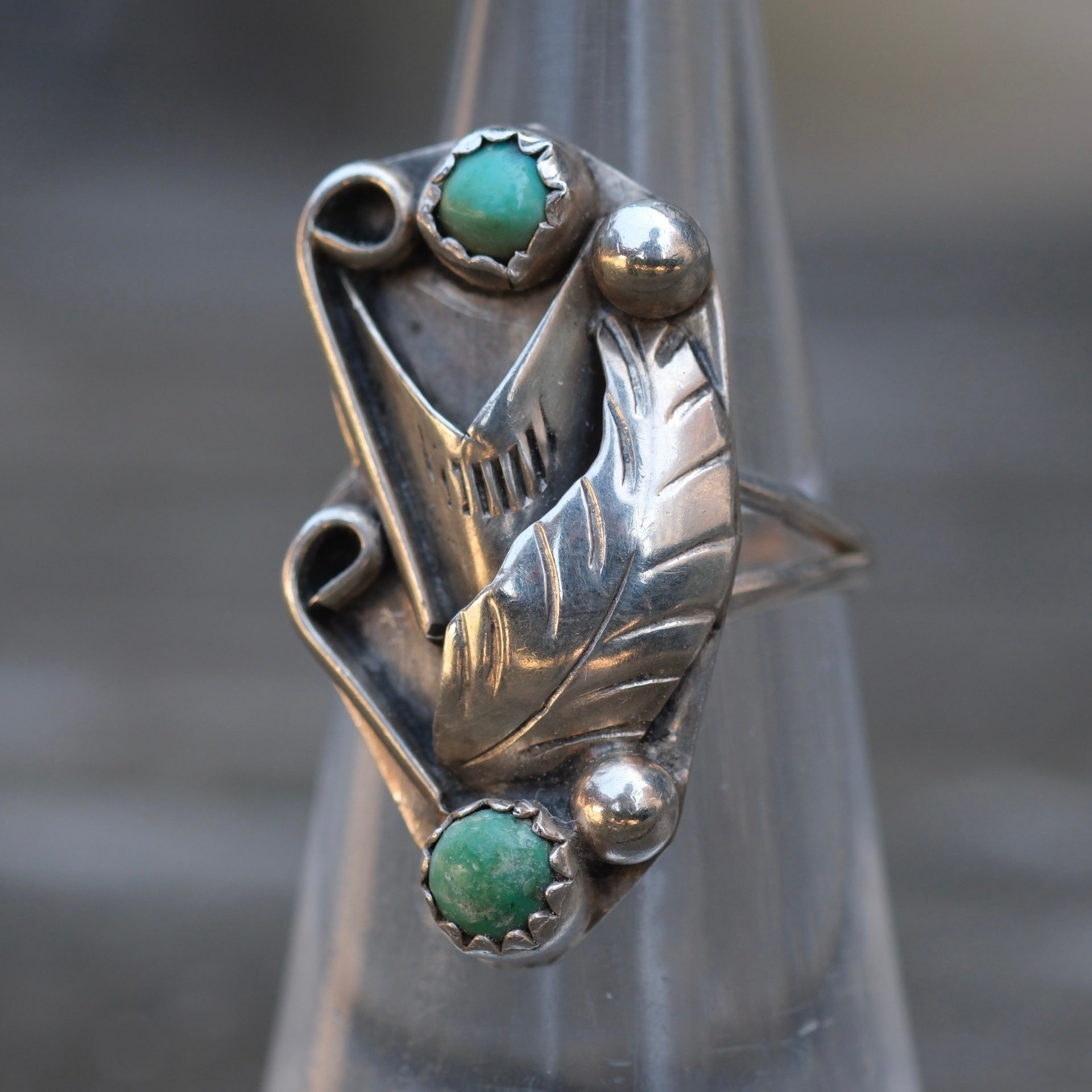 Vintage Sterling 2-Stone Turquoise Feather Ring 5.5