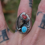 Vintage Sterling Turquoise and Coral Fox Claw Ring 9