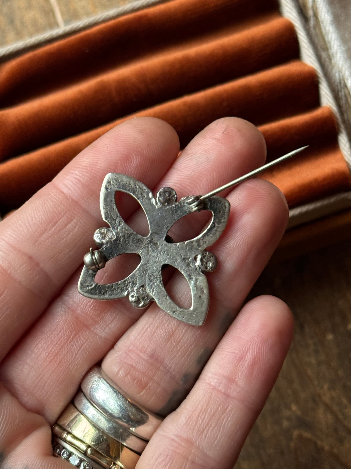 Vintage Sterling Silver Turquoise Sandcast Florette Pin