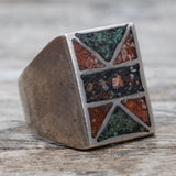 Vintage Sterling Crushed Turquoise and Coral Inlay Ring 9.5