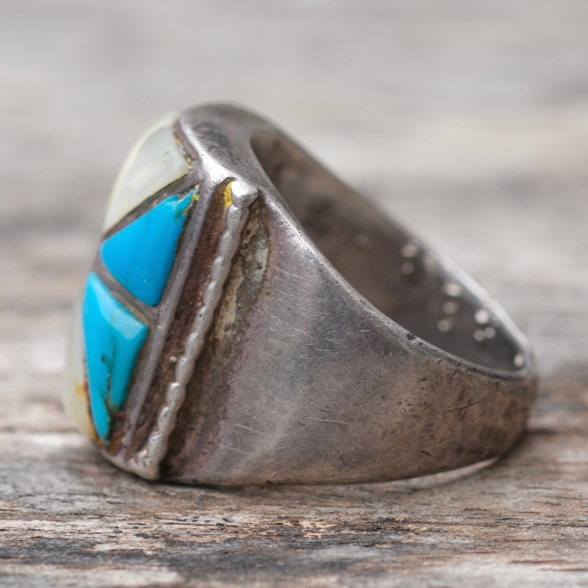 Vintage Sterling Turquoise and Mother Of Pearl Inlay Ring 9