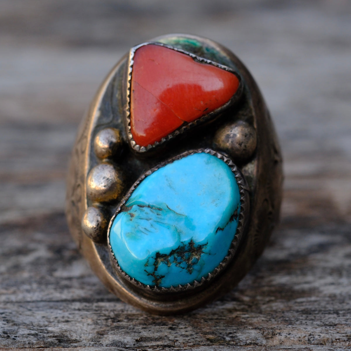 Vintage Sterling Turquoise and Coral Ring 11