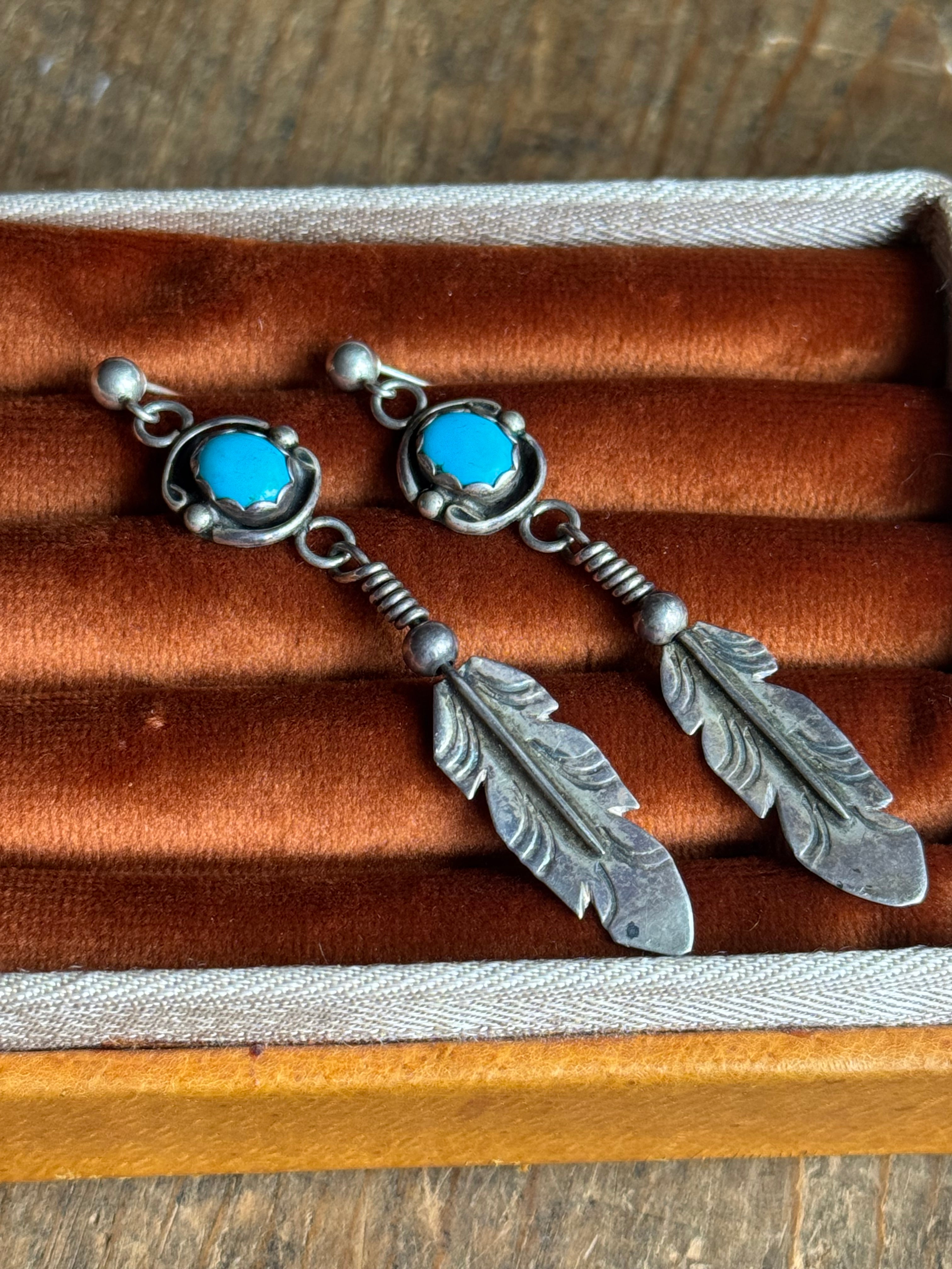 Vintage Sterling Silver Turquoise Feather Earrings