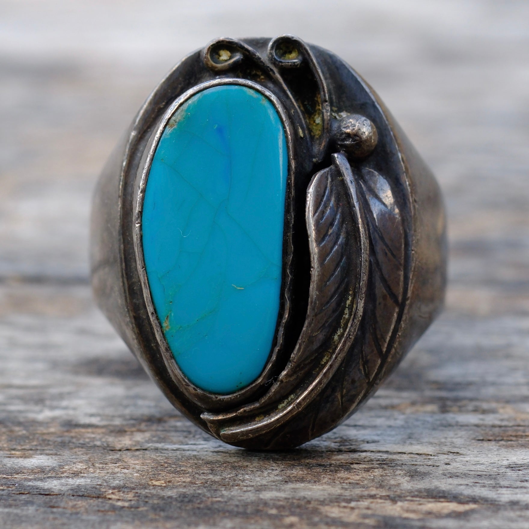 Vintage Sterling Turquoise Feather Ring 10