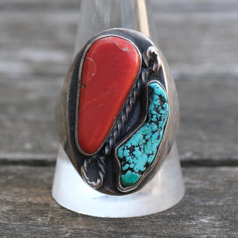 Chunky Vintage Sterling Turquoise and Coral Ring 11.75