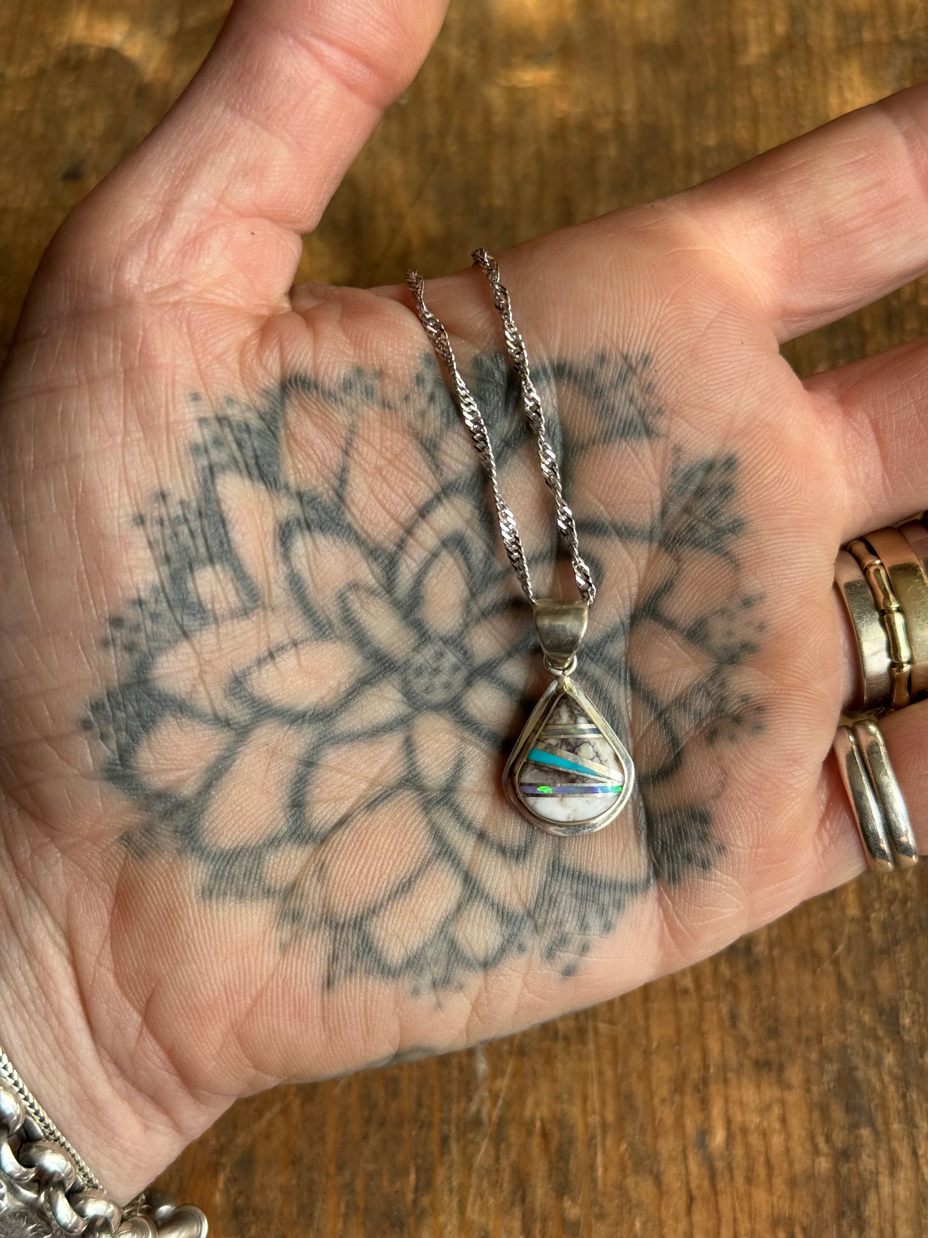 Vintage Sterling Silver Multistone Inlay Teardrop Adjustable Necklace