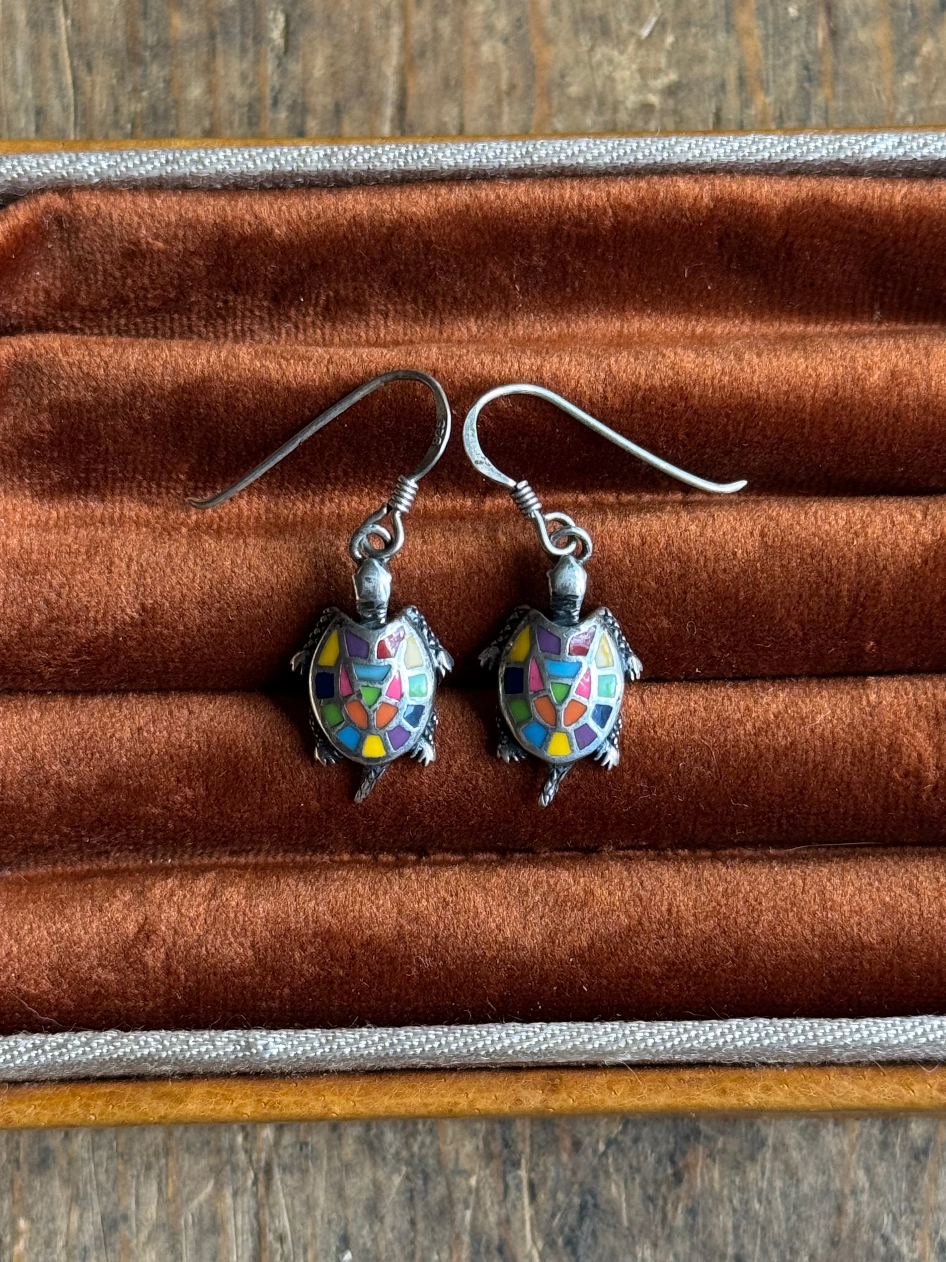 Vintage Sterling Silver Multicolor Enamel Turtle Earrings