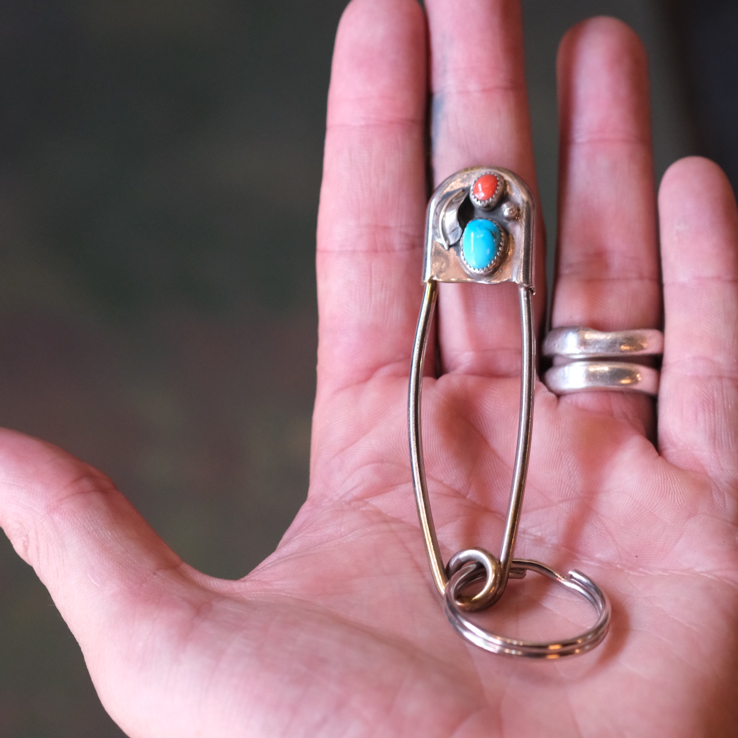 Vintage Turquoise and Coral Safety Pin Keychain 3"