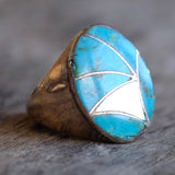 Vintage Sterling Zuni Inlay Turquoise and Mother Of Pearl Inlay Ring 10.75