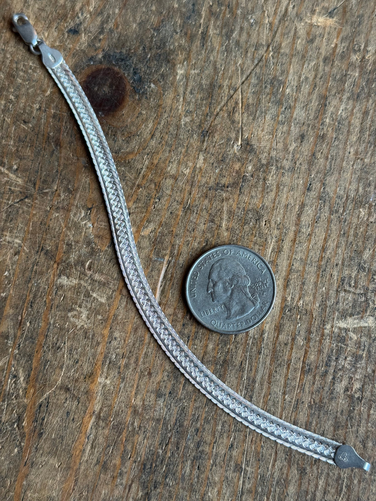 Vintage Sterling Silver Etched Herringbone Chain Bracelet