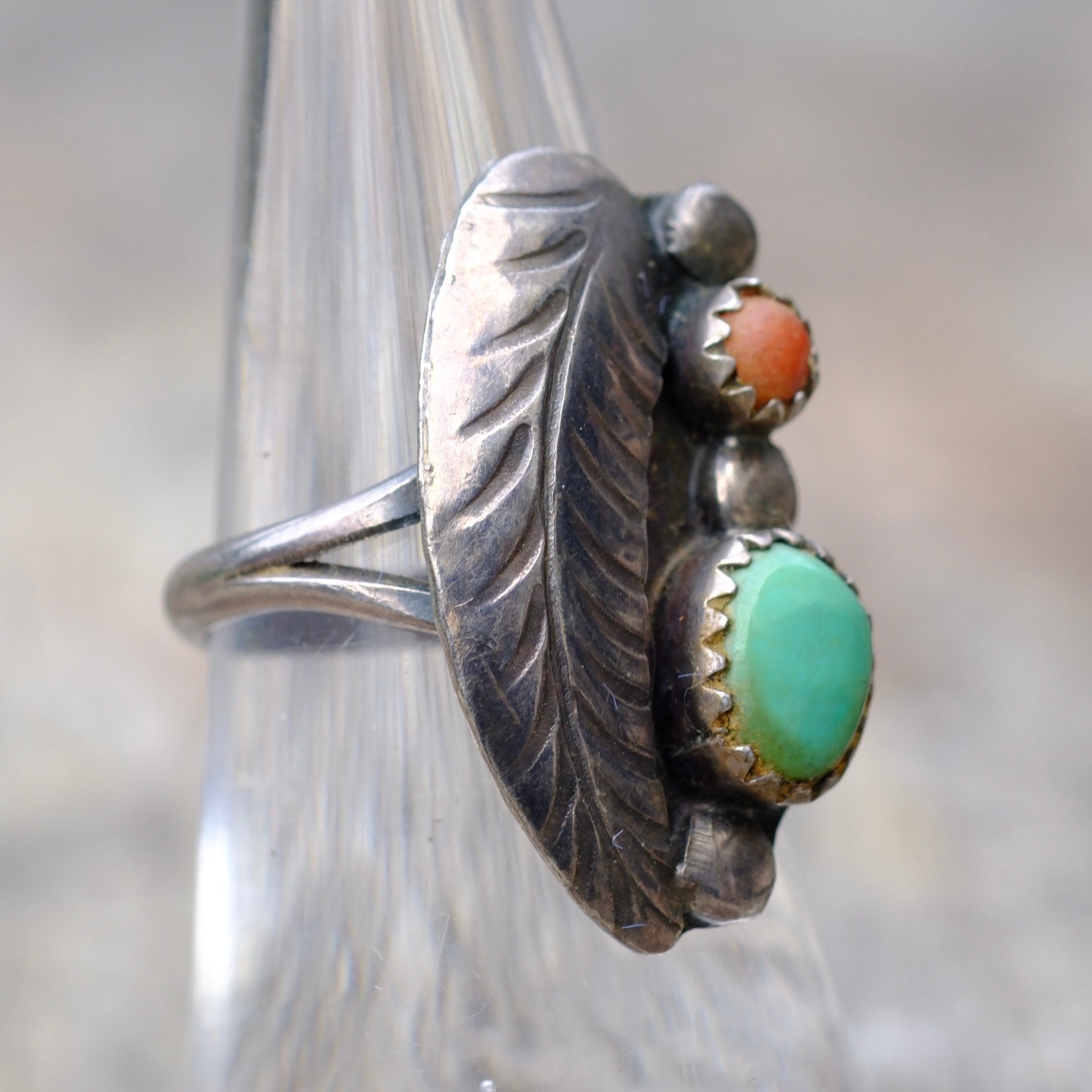Vintage Sterling Turquoise and Coral Feather Ring 5.75