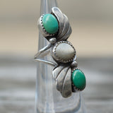 Vintage Sterling Turquoise and MOP Feather Ring 3.75